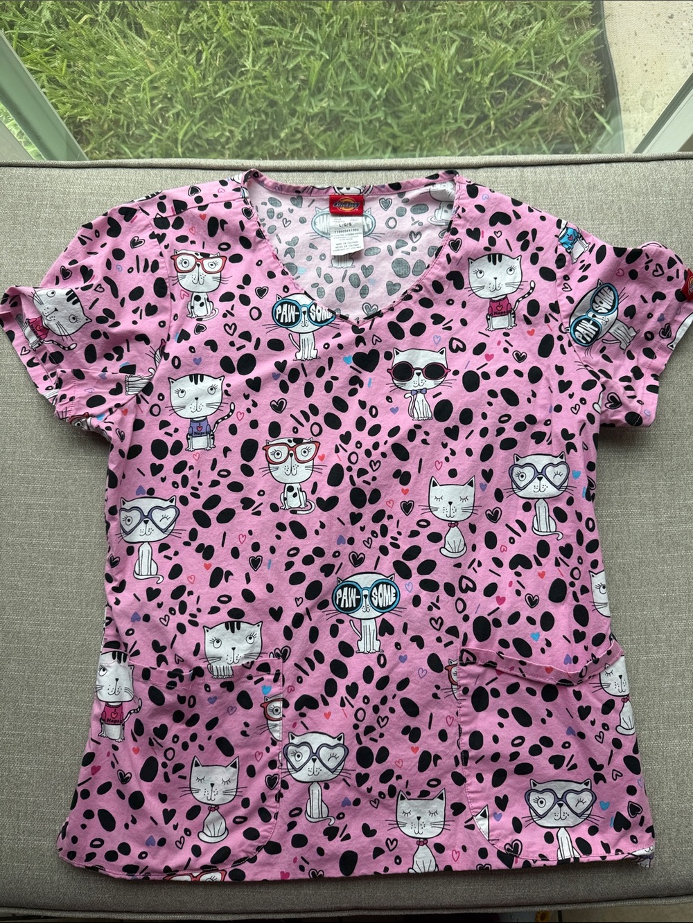 Dickies Pink Cat-Print V-Neck Medical Top
